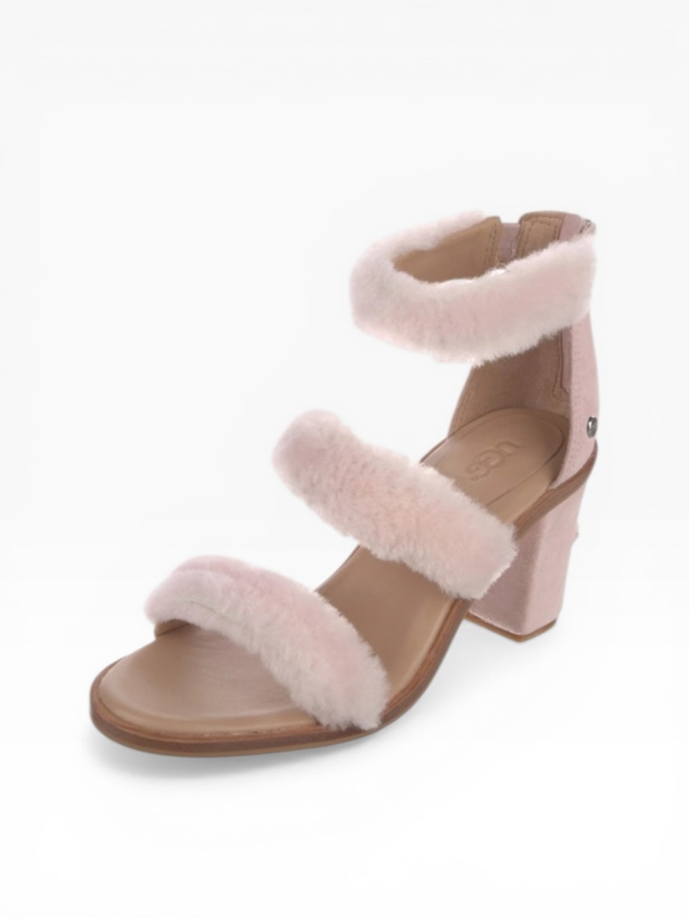 UGG NWOB Del Rey Fluff Block Heel Sandals Seashell Pink Sheepskin Suede Sz 6.5